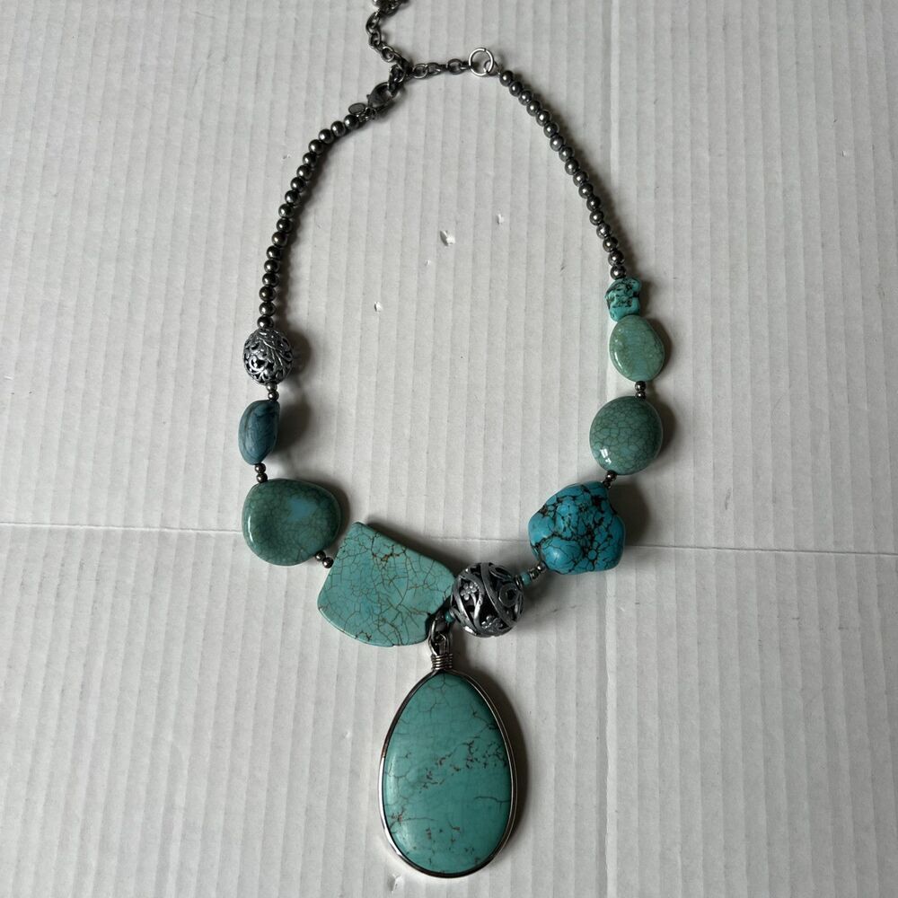 Vintage Chico’s Turquoise Statement Pendant Necklace Silver Tone Beads Signed